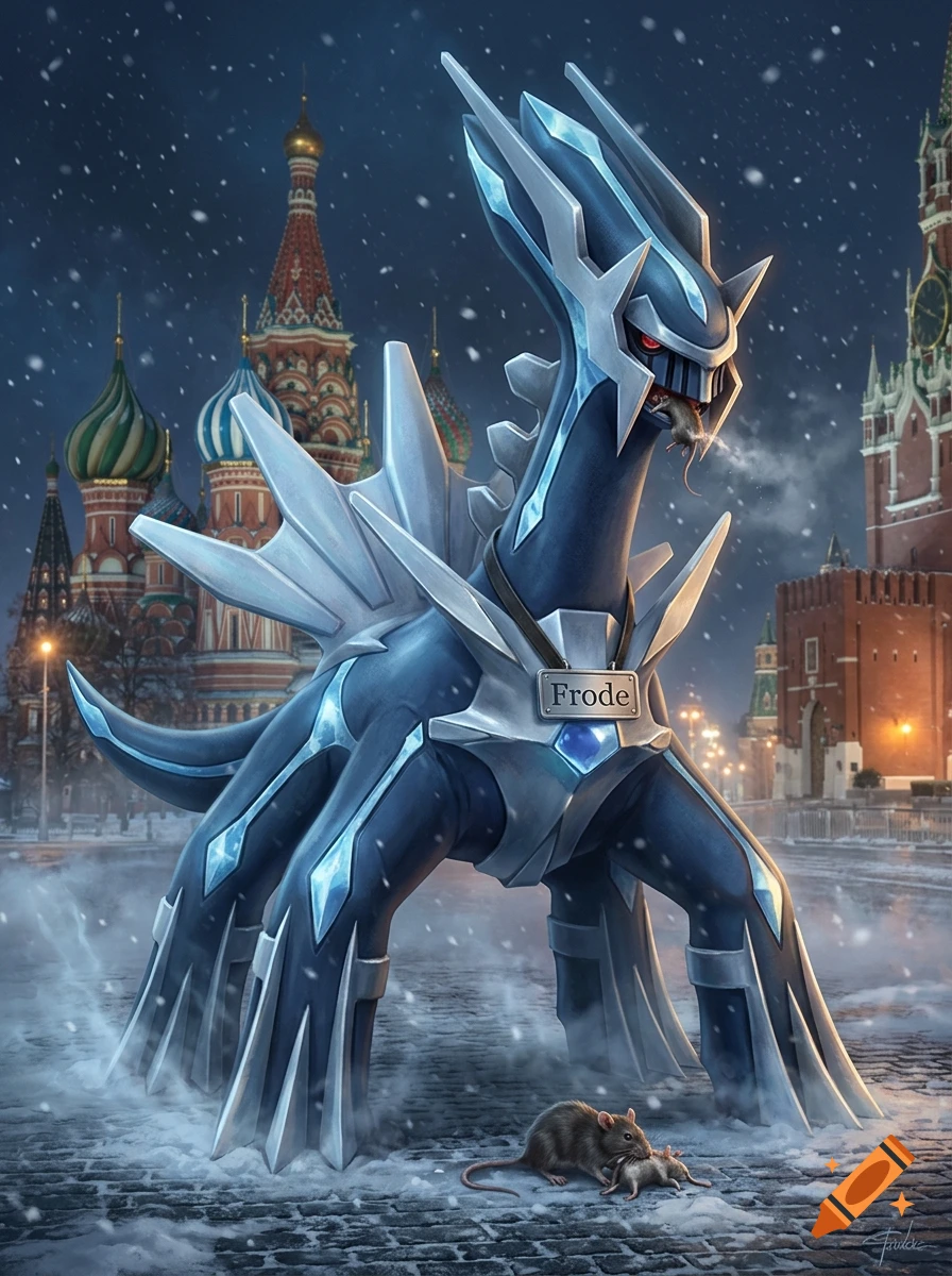 Digital illustration of the Pokémon Dialga in Moscow eating a rat, wearing a Frode nametag, during a snowy winter night.