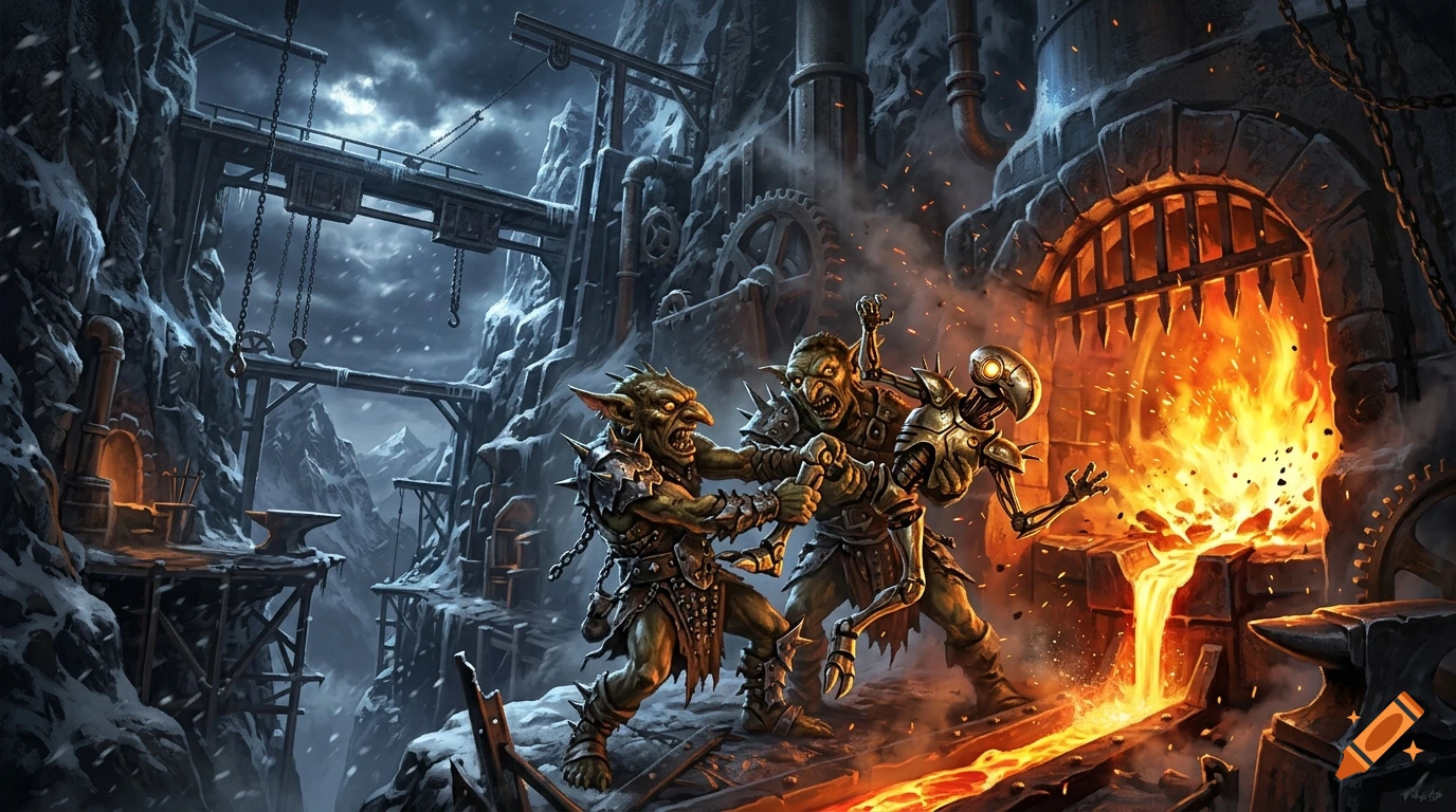 Digital illustration of two spiked goblins grappling with a metallic myr creature near a giant furnace in a snowy mountain ironworks.