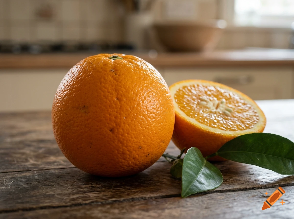 A whole orange and a sliced half with green leaves sit on a wooden table in a kitchen.