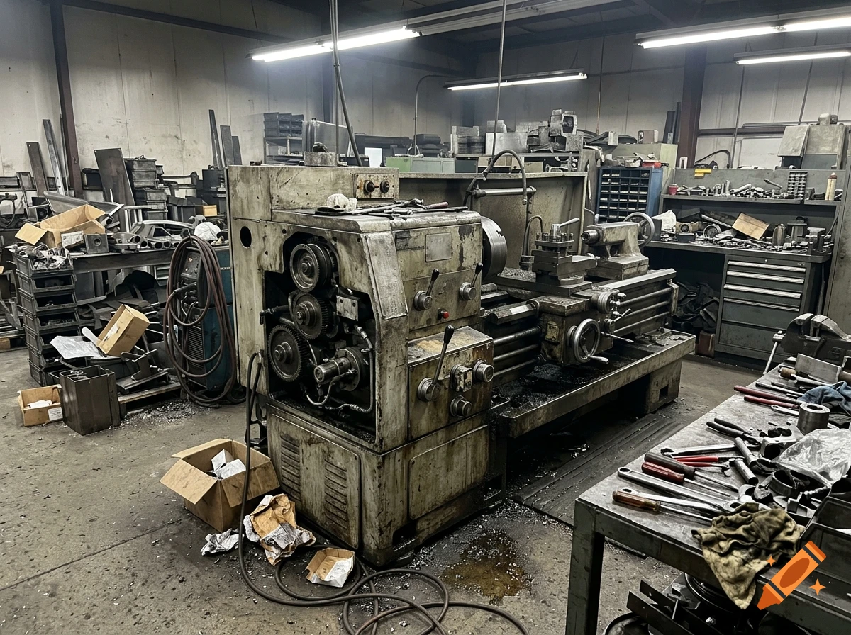 Photograph of a messy, cluttered industrial workshop with a large vintage metal lathe machine and tools.