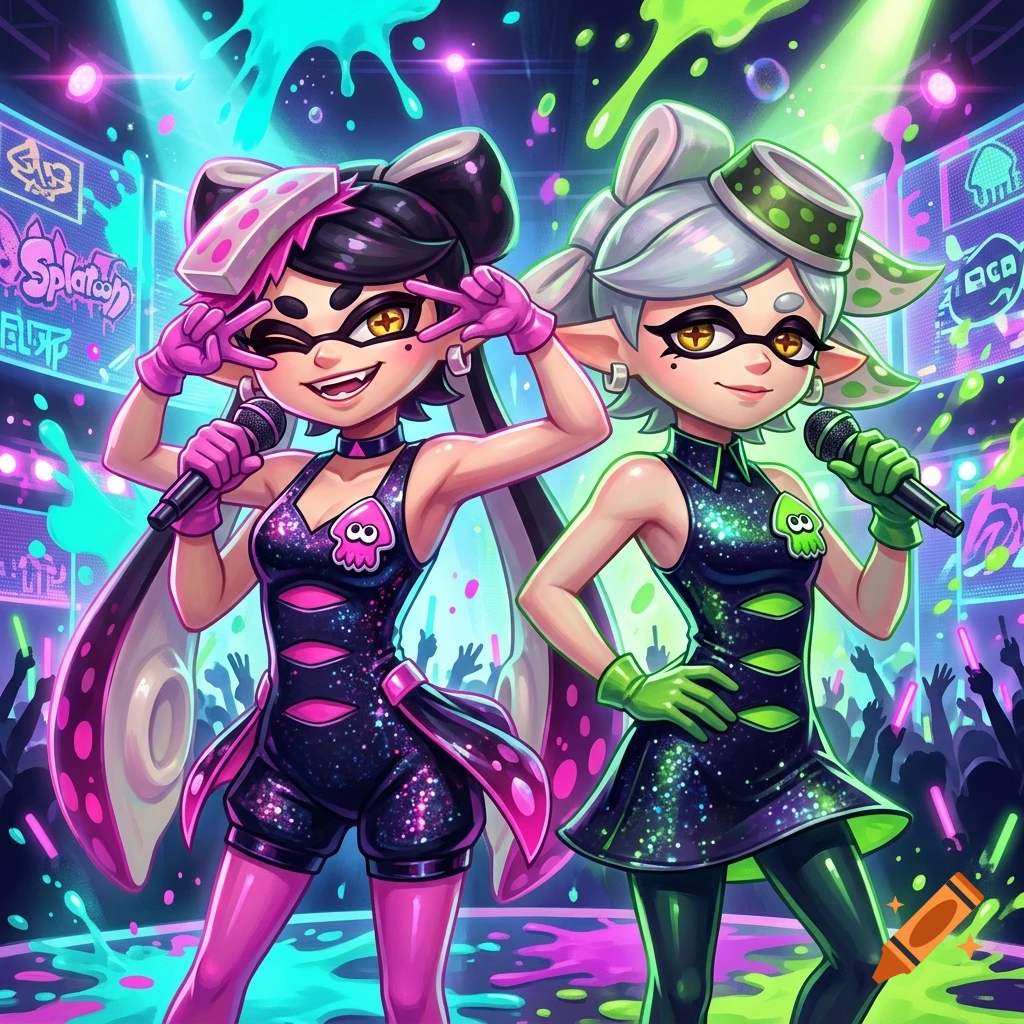 Two fictional female idols from Splatoon singing on a stage with neon lights, anime style.