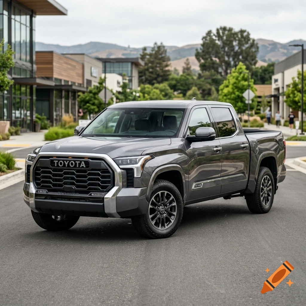 Photorealistic modern grey Toyota Tundra pickup truck parked on a city street.