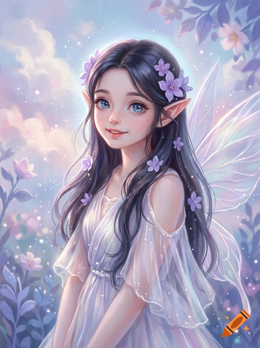 Digital illustration of a young fairy with large blue eyes, dark hair, purple flowers, and translucent wings in a dreamy landscape.