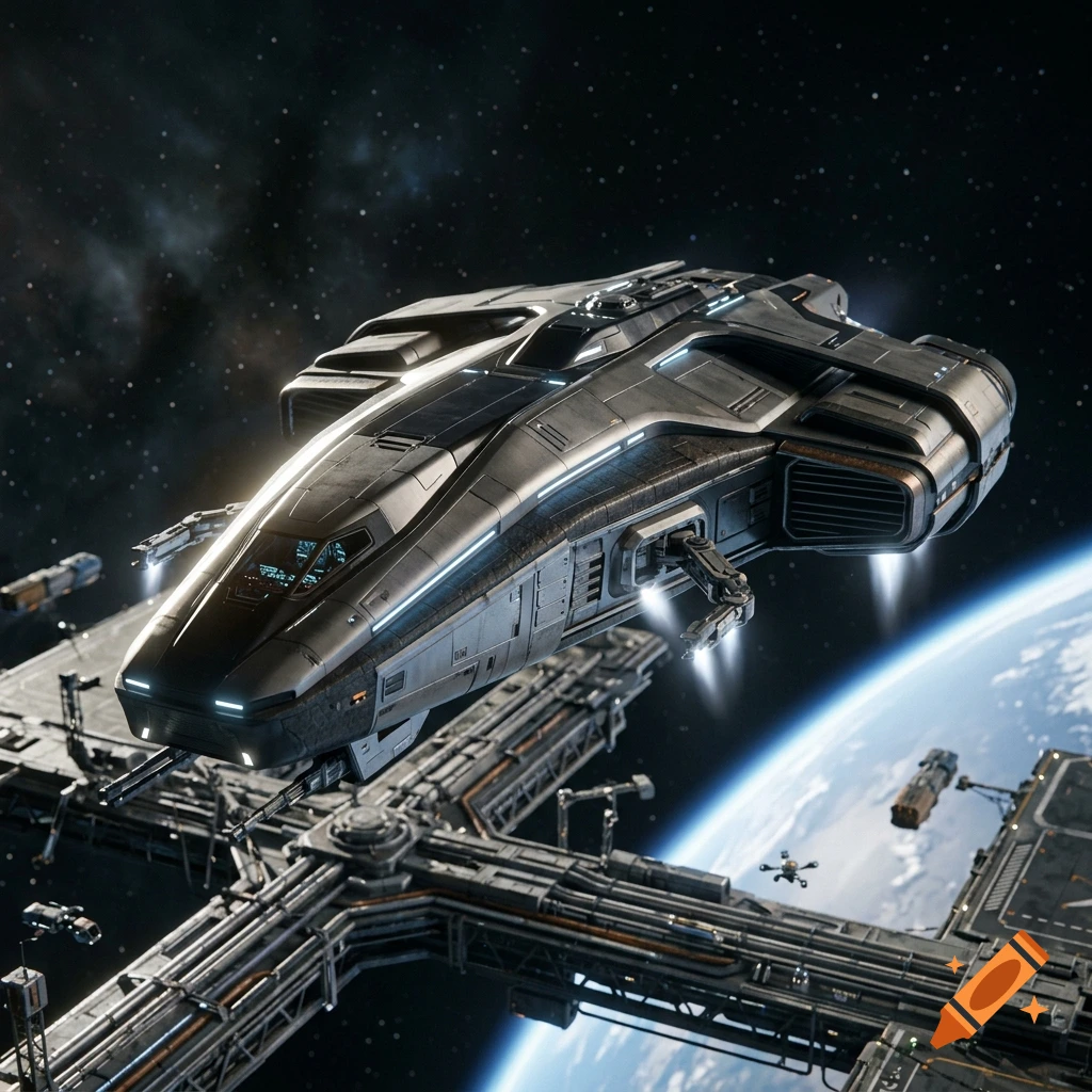 A large futuristic spacecraft hovers above a complex space station structure against the backdrop of Earth and deep space.