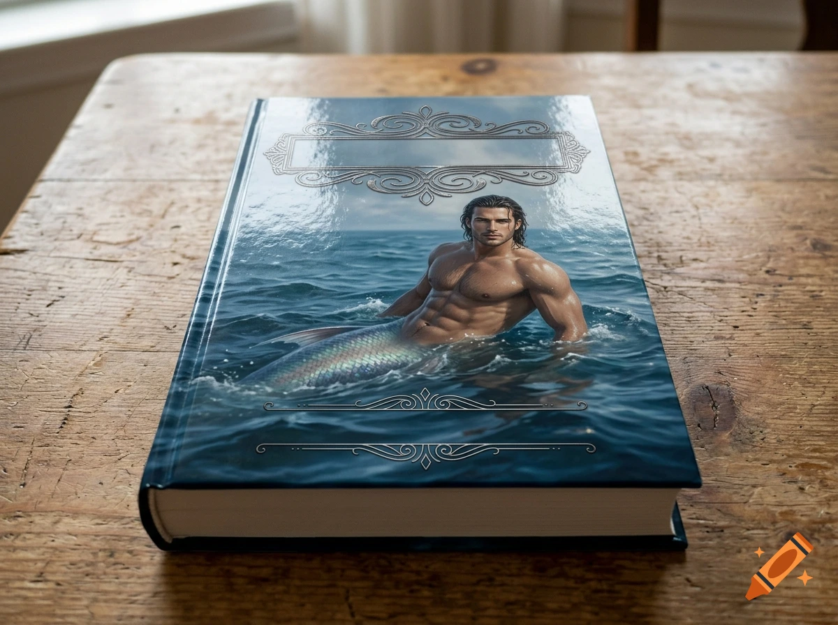 A hardcover book on a wooden table, featuring a male mermaid with bare chest and muscular build on the cover.
