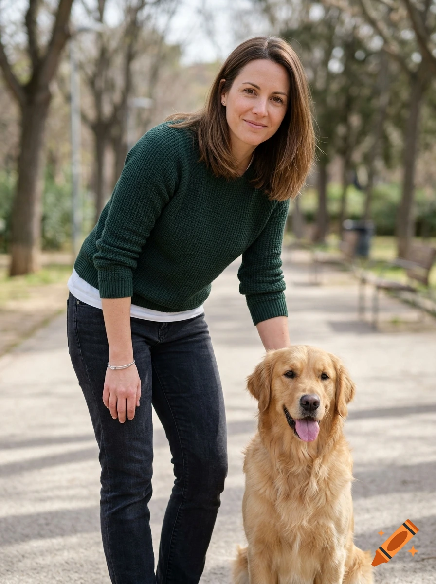 Photorealistic image of a woman with brown hair in a green sweater standing next to a golden retriever in a park path.