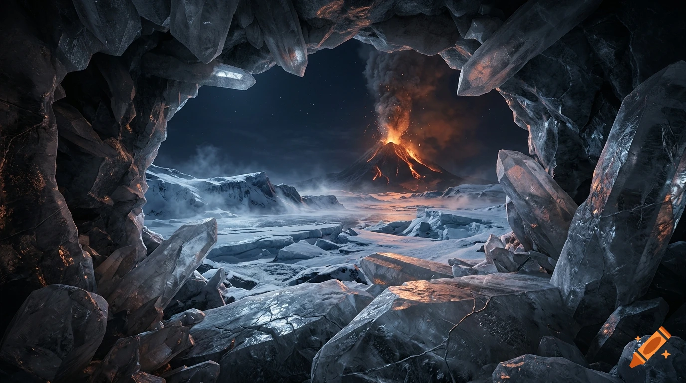 View from inside a crystal cavern looking out at a snowy landscape with an erupting volcano under a dark night sky.