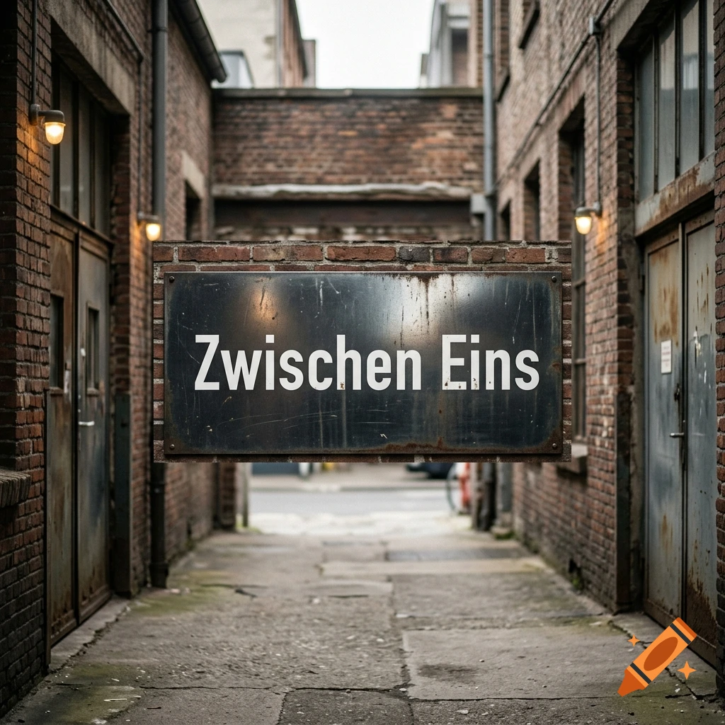 Photorealistic alleyway between two brick buildings with a metal sign reading Zwischen Eins.