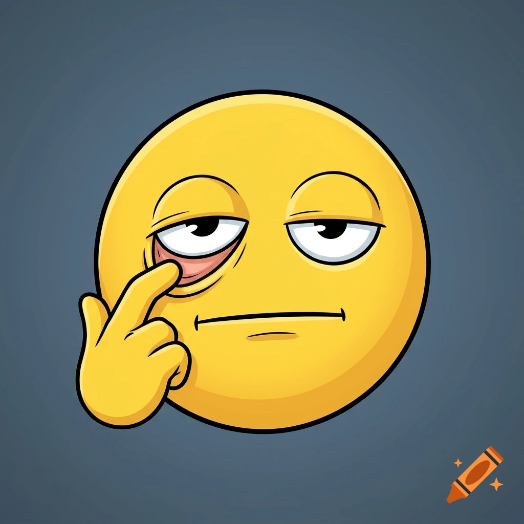 Digital illustration of a yellow emoji pulling down its eyelid with a finger, expressing sarcasm or cynicism against a grey background.