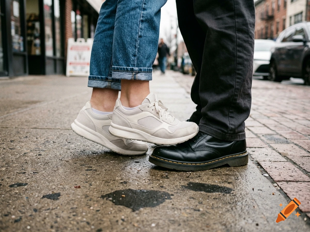 Close-up of two people standing close on a city sidewalk, with one person standing on the other's shoes.