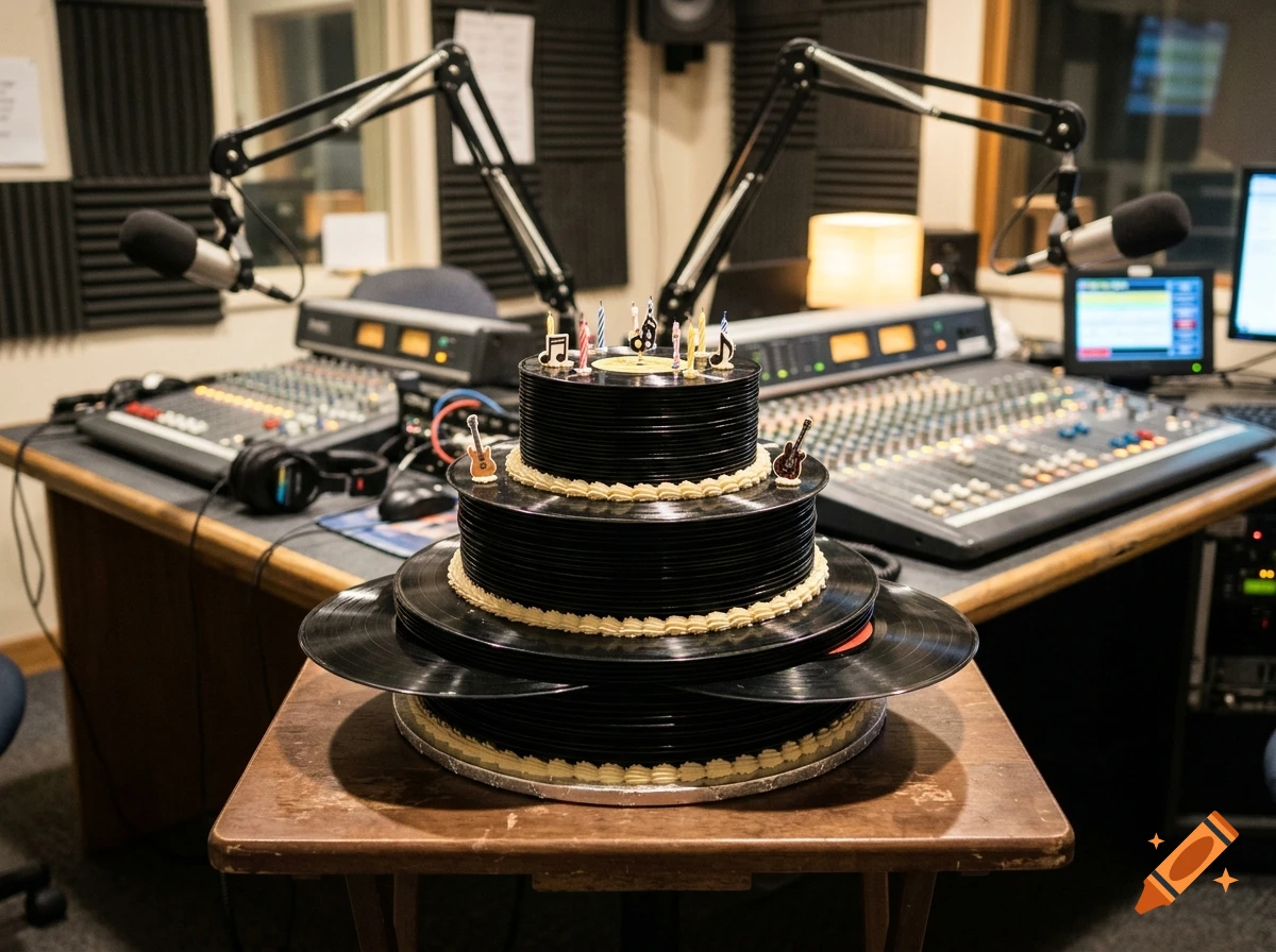 Photorealistic 3-tiered cake made entirely of stacked vinyl records with birthday candles on top, placed in a radio studio.