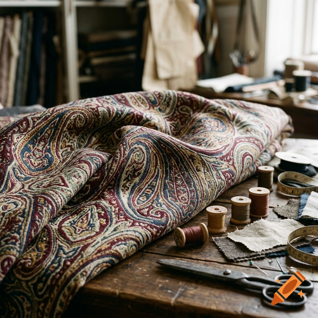 Folded paisley fabric on a wooden table in a sewing workshop with spools of thread and scissors.