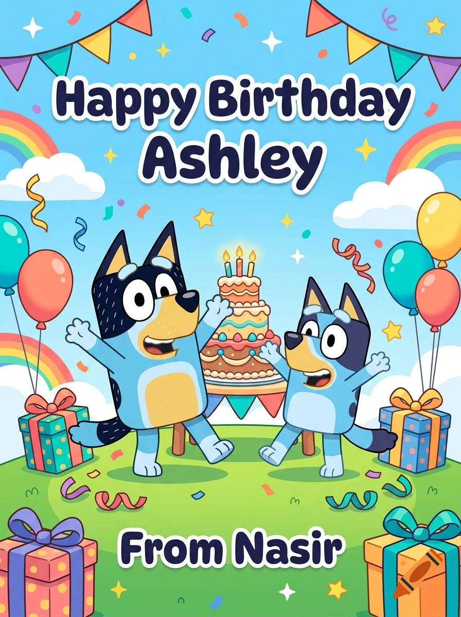 A Bluey-themed birthday card illustration with two blue heelers, a birthday cake, balloons, gifts, and banners reading Happy Birthday Ashley From Nasir.