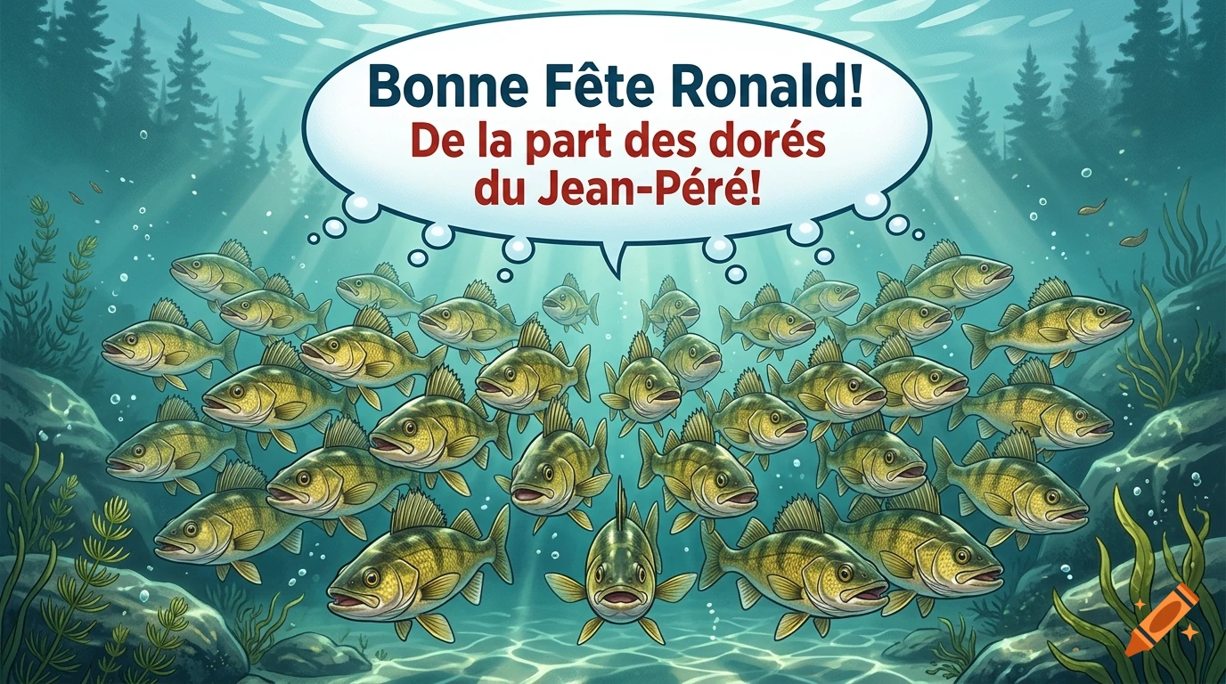 Digital illustration of many walleye fish underwater looking up towards a comic speech bubble with French text.