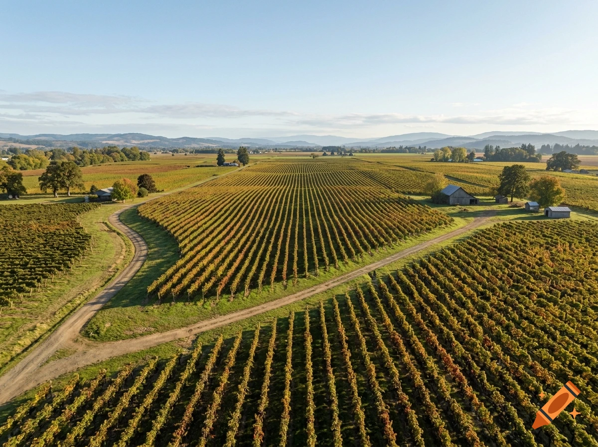 Aerial photorealistic view of a vineyard with rows of grapevines in an autumn landscape with hills and small barns.