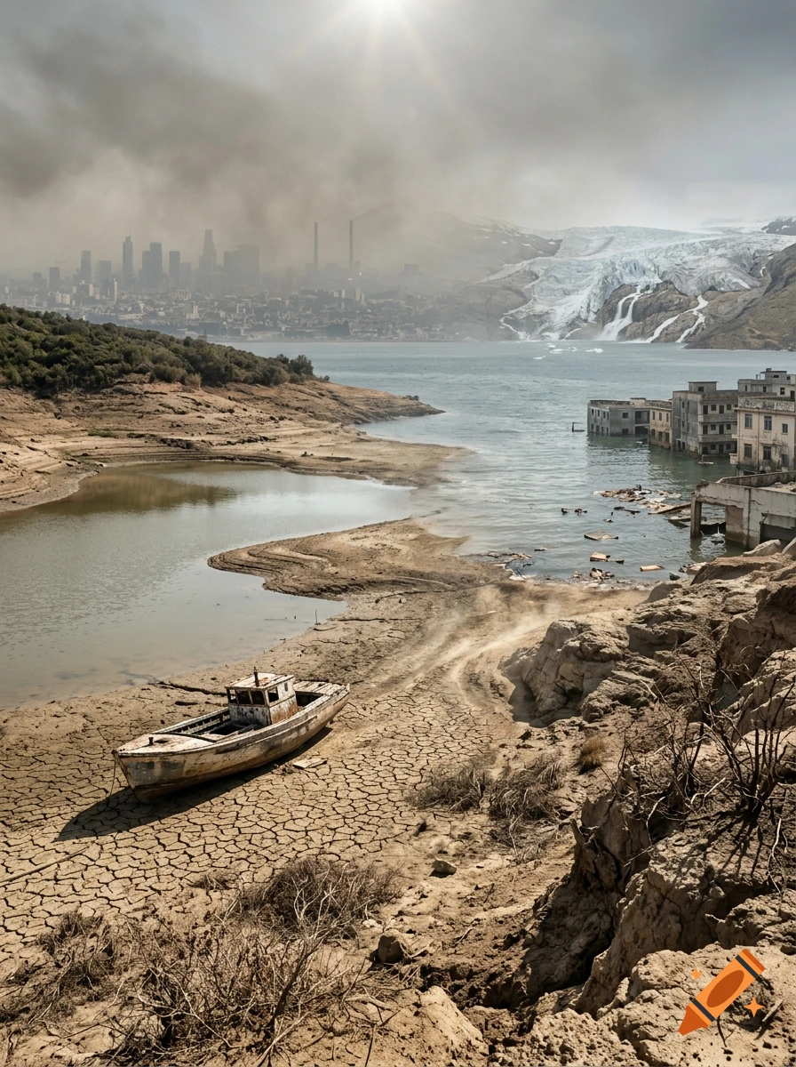 Photorealistic landscape showing climate change with a dried cracked lake bed, stranded boat, receding glacier, and distant city skyline.