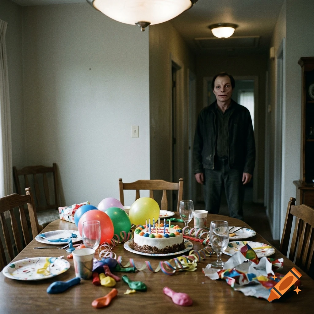 Photorealistic image of a dining table set for a birthday party with cake and balloons, while a man with a distorted face watches from a dark hallway.