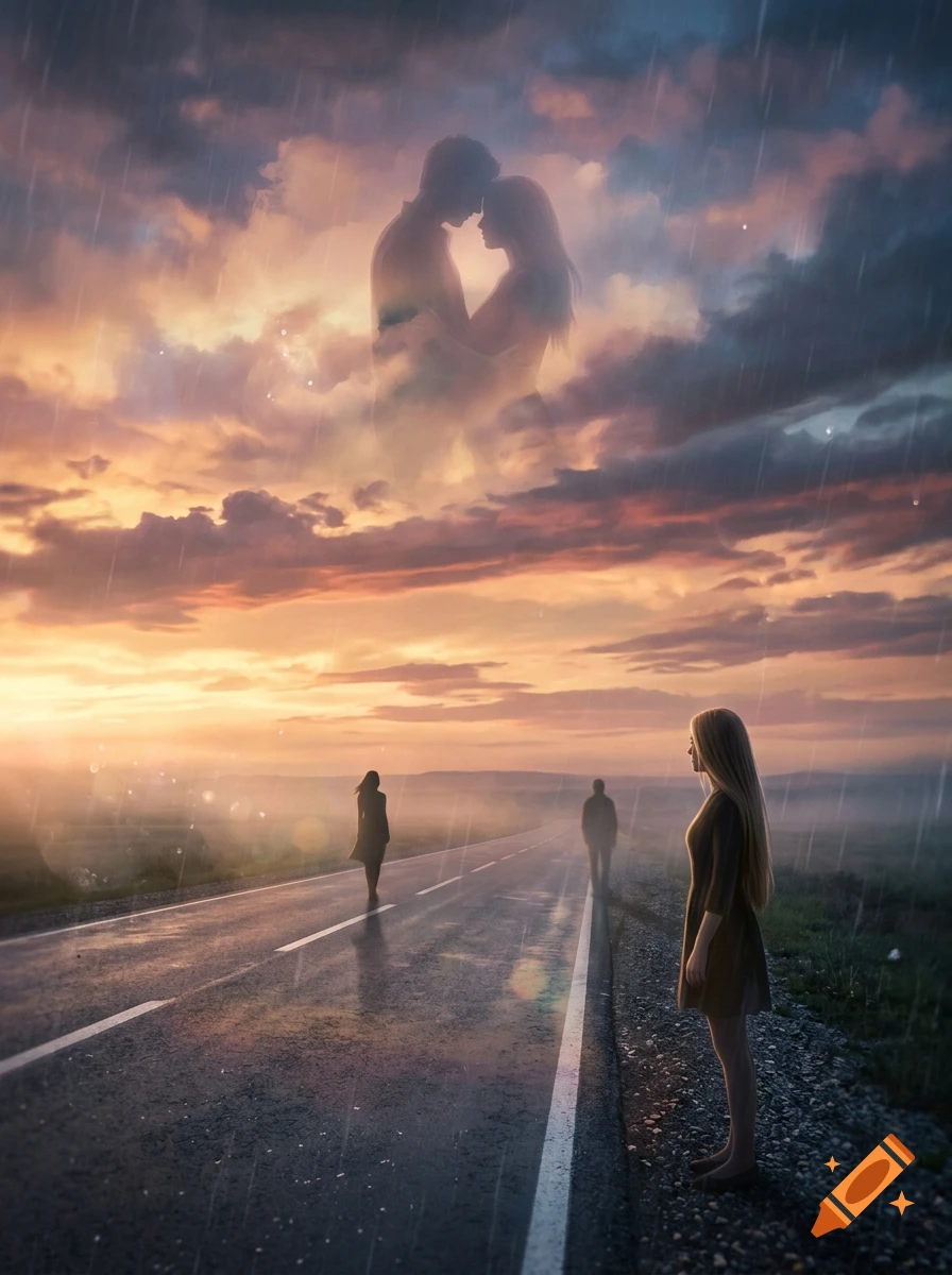 A woman stands on the shoulder of a wet asphalt road at sunset while silhouettes of a couple embrace in the cloudy sky.