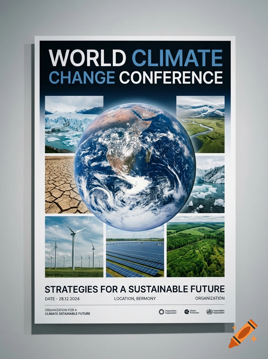 A poster for the world climate change conference featuring a central globe and smaller images of glaciers, wind turbines, and forests.