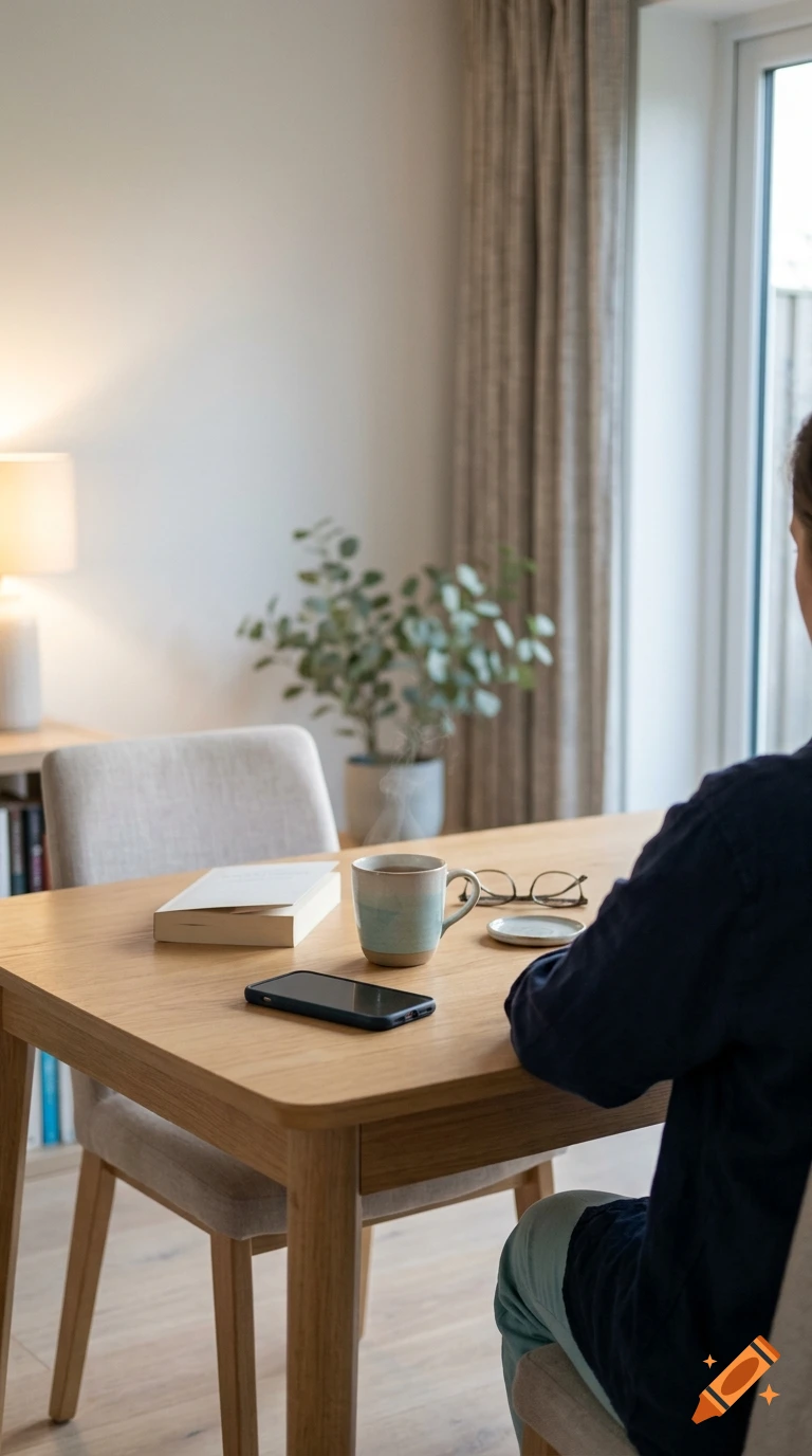Photorealistic vertical shot of a person sitting at a wooden table in a brightly lit modern interior, with a cup of tea and a smartphone.