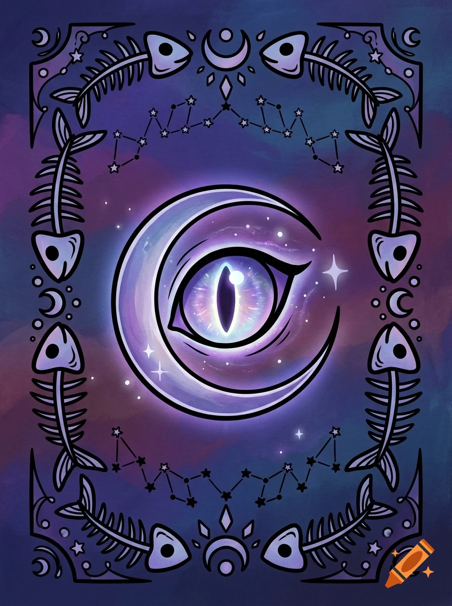Digital illustration of a mystical glowing cat eye in a crescent moon with fish bone borders in 2D animation style.