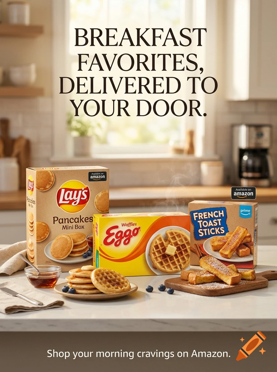 Photorealistic promotional poster showing breakfast food boxes including Lay's pancakes, Eggo waffles, and French toast sticks on a kitchen counter.