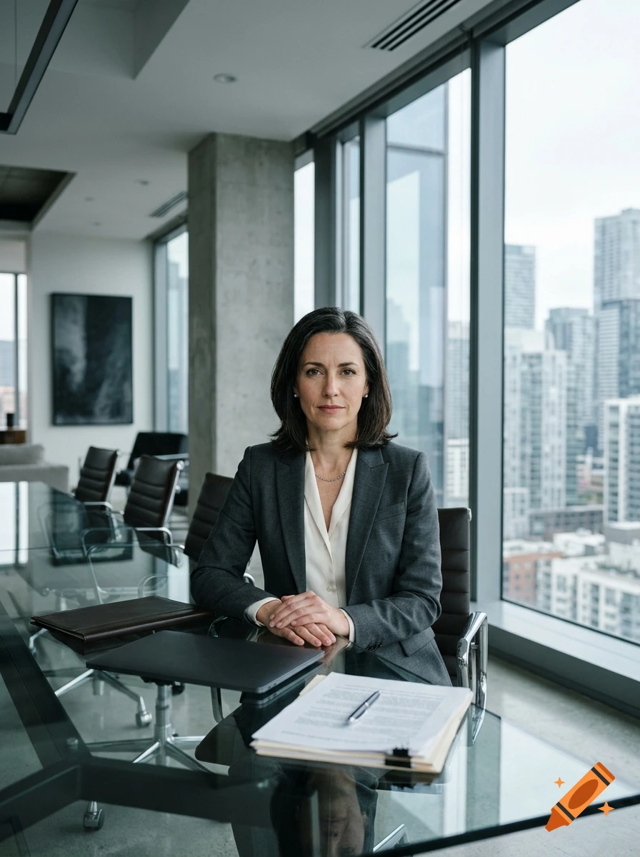 Photorealistic medium shot of a female CEO in a gray suit sitting at a glass boardroom table, looking seriously at the camera with city skyline and skyscrapers visible through large windows in the background.