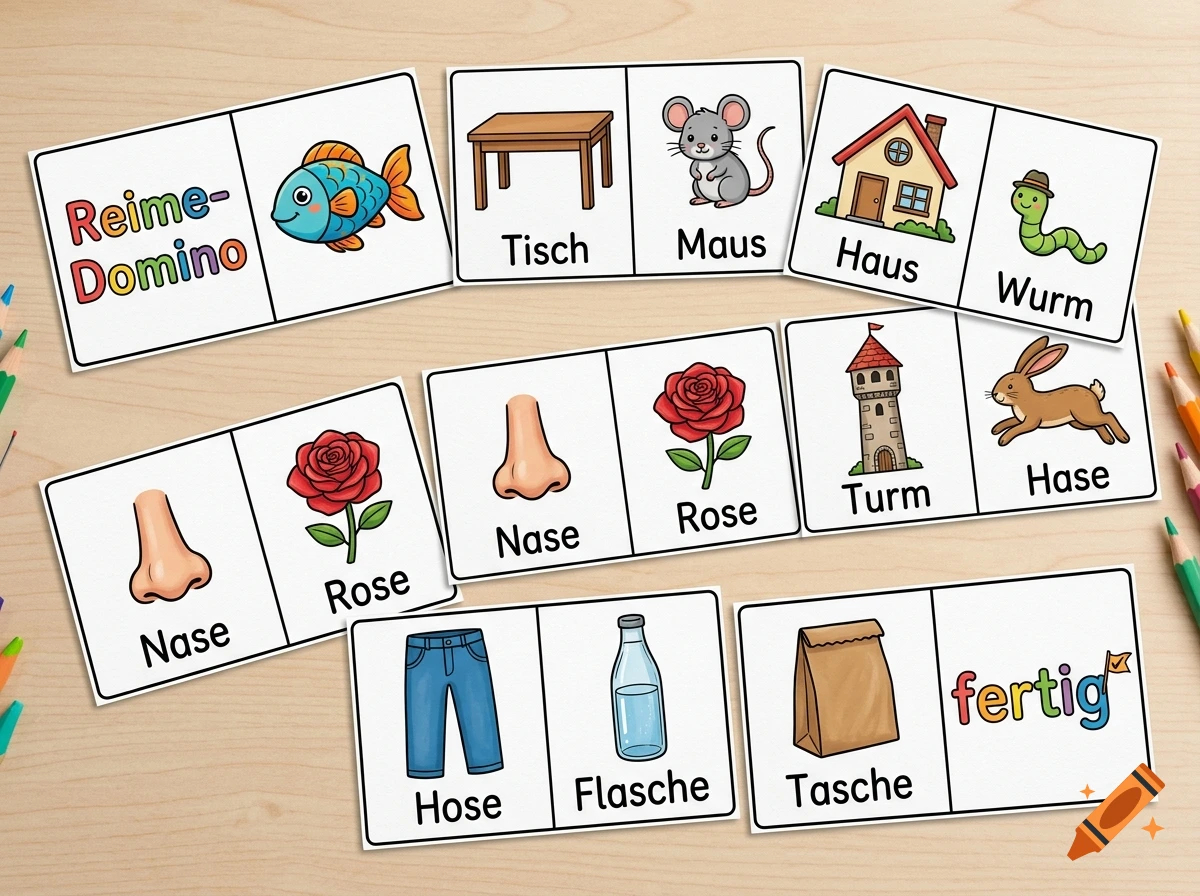 Educational domino game cards with illustrated vocabulary words and German text on a wooden table.