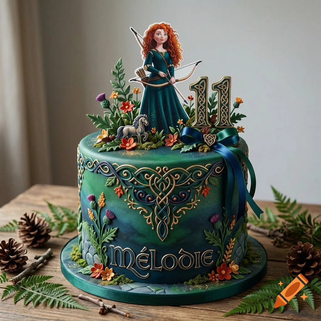 An intricately decorated emerald green and blue birthday cake themed after Brave, featuring an edible topper of Merida, the number 11, a horse, and the name Mélodie written in gold script.