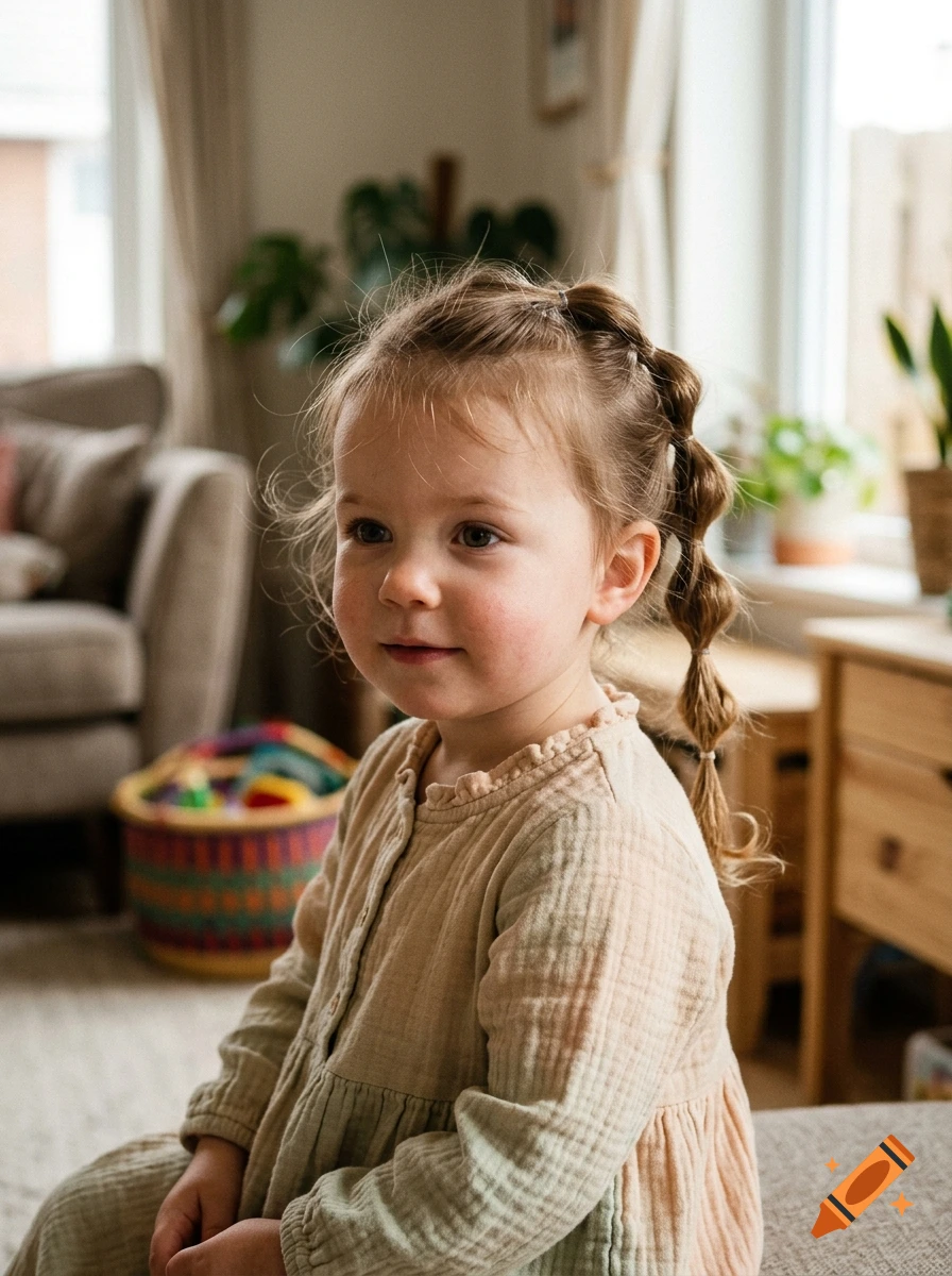 Photorealistic portrait of a young toddler with a bubble braid hairstyle wearing a textured beige dress indoors.
