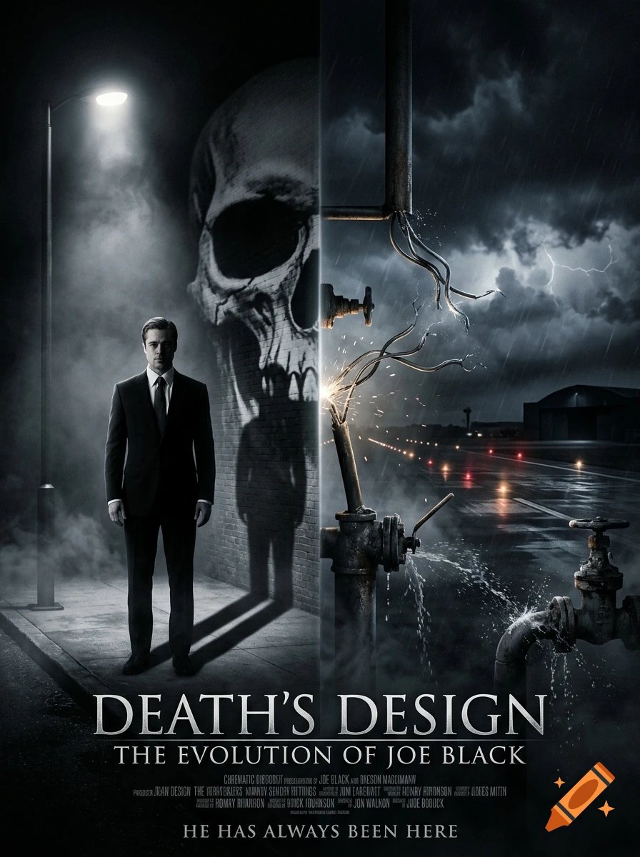 A cinematic horror movie poster titled DEATH'S DESIGN featuring a man in a suit casting a skull shadow and a stormy industrial scene.