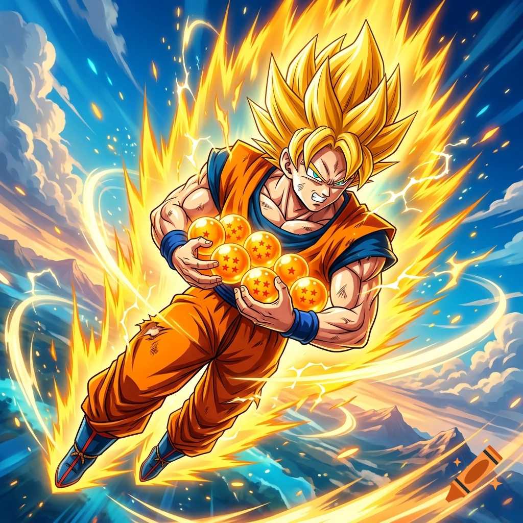 Dragon Ball Z Super Saiyan Goku flying and holding the seven dragon balls amidst a fiery aura and blue sky with clouds, anime style.