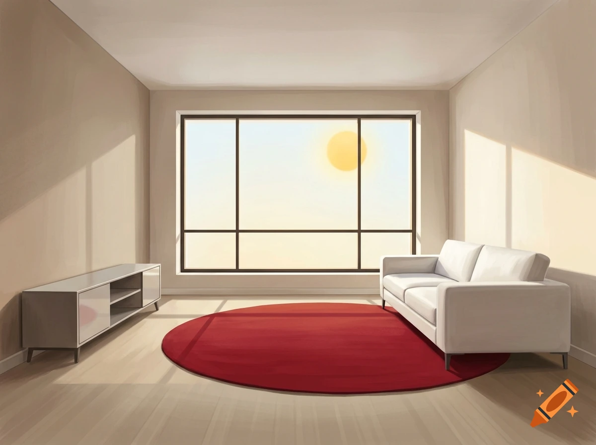Minimalist living room illustration with a white sofa, red round rug, TV unit, and a large window showing a sun.