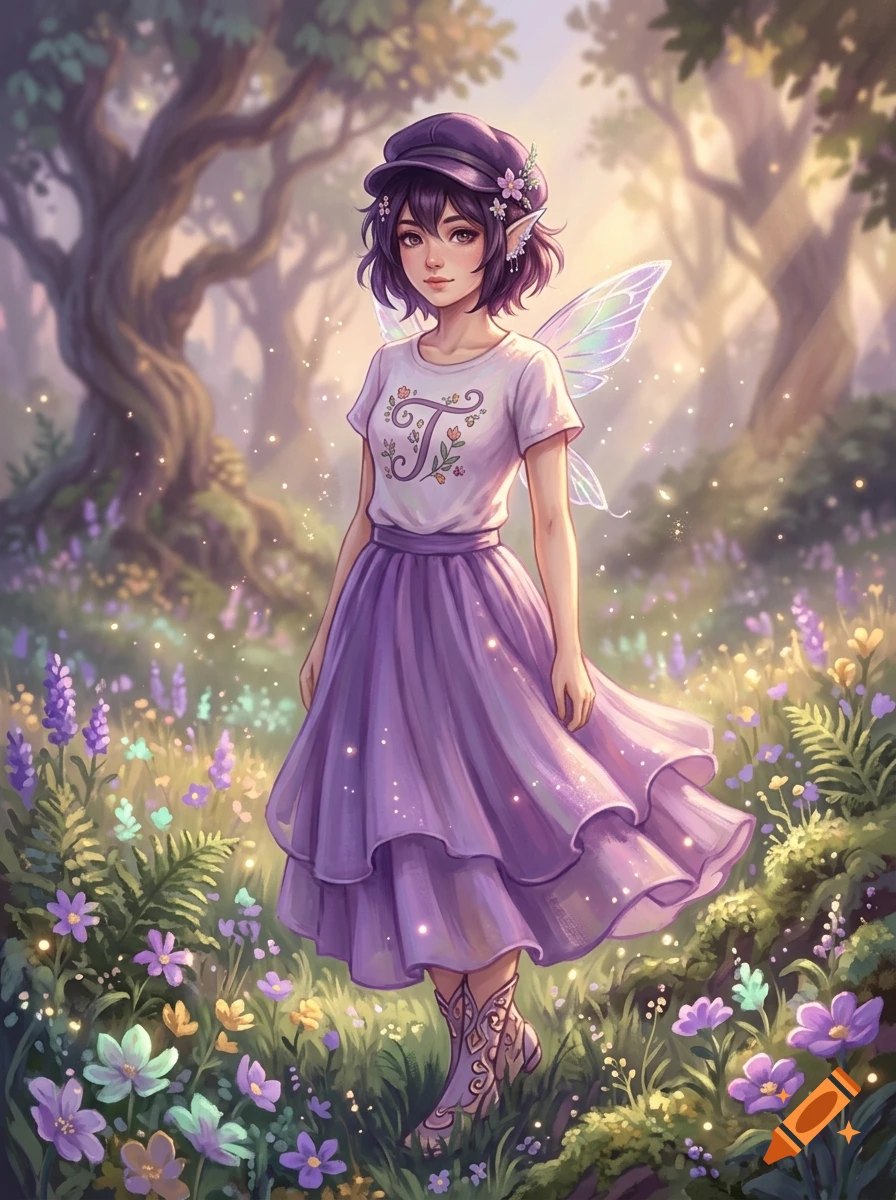 Digital illustration of an anime-style fairy with purple hair and dress standing in a magical forest clearing with flowers.