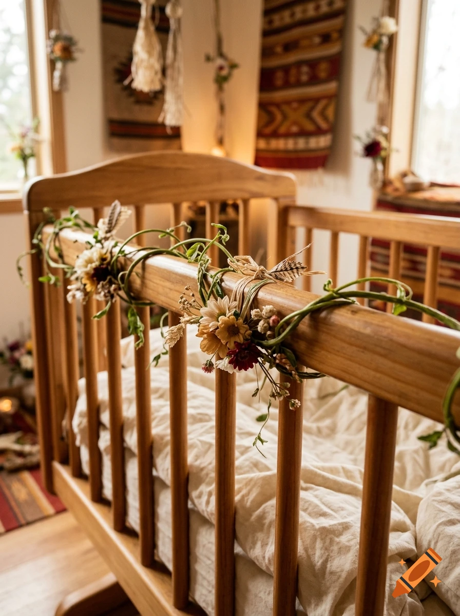 Photorealistic wooden baby crib decorated with floral vines and feathers inside a bohemian styled room.