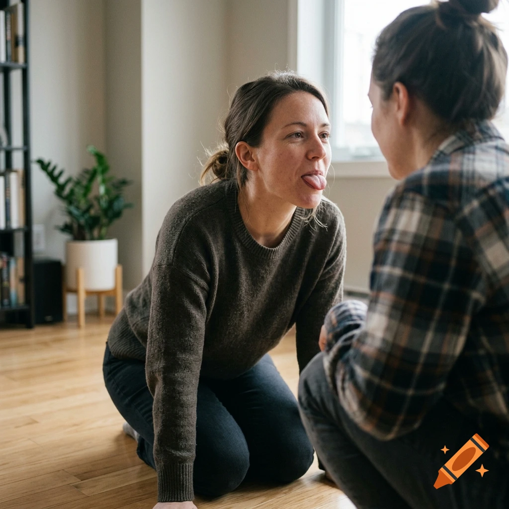 Photorealistic image of a woman kneeling on a wooden floor, sticking her tongue out playfully toward another person.