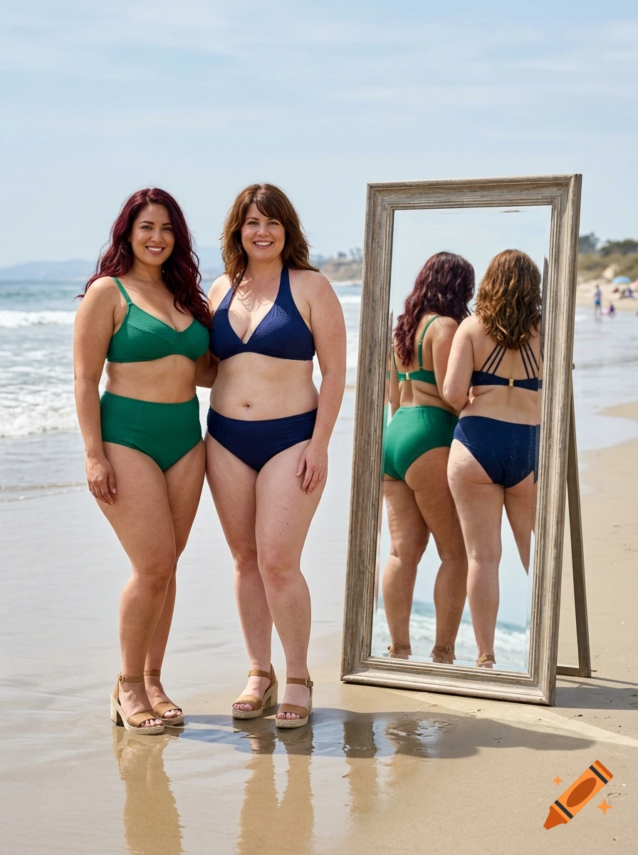 Two women in bikinis standing on a sandy beach next to a large mirror reflecting their backs.