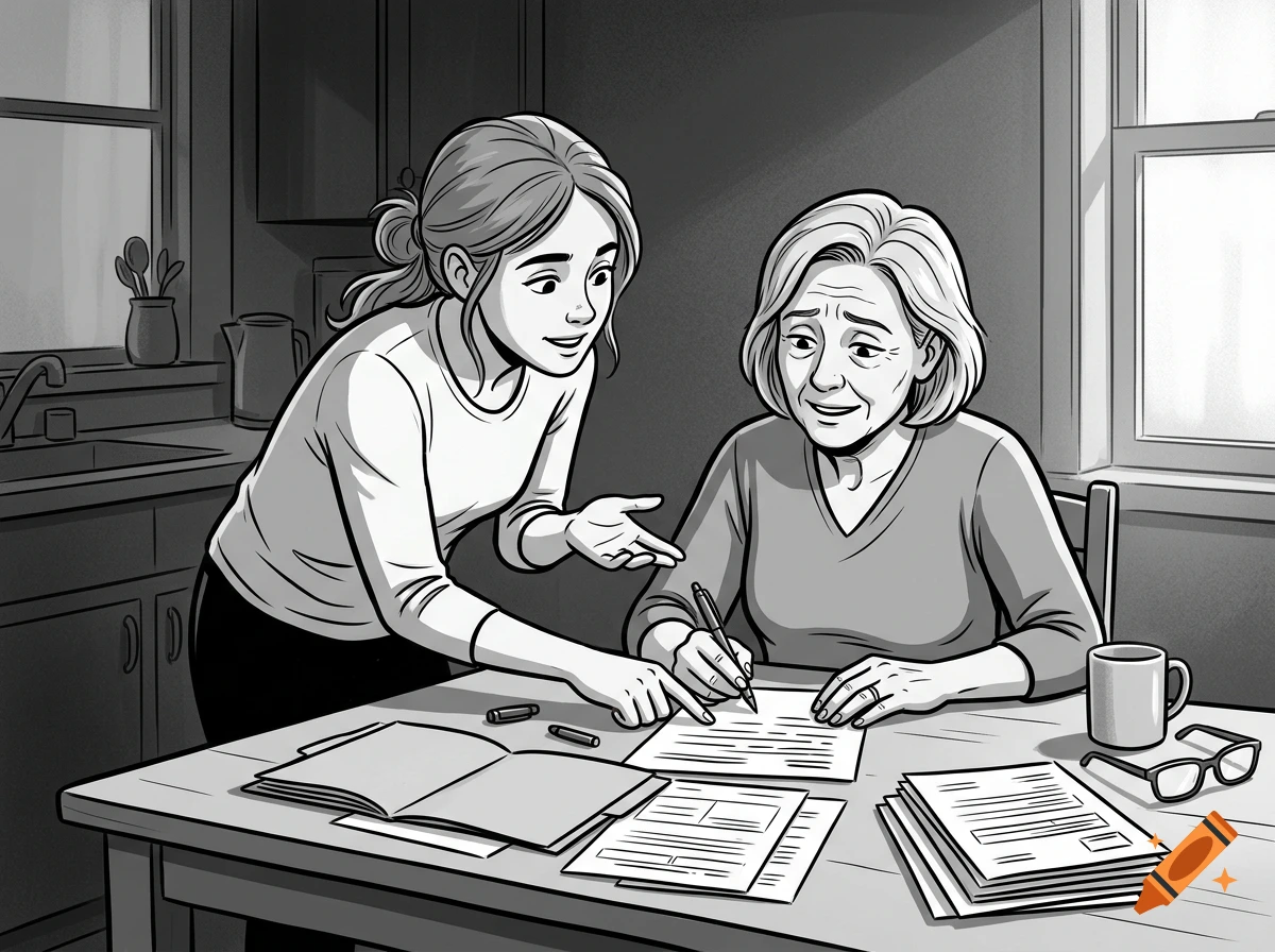 Black and white comic style illustration of a young woman helping an older woman fill out paperwork at a table.