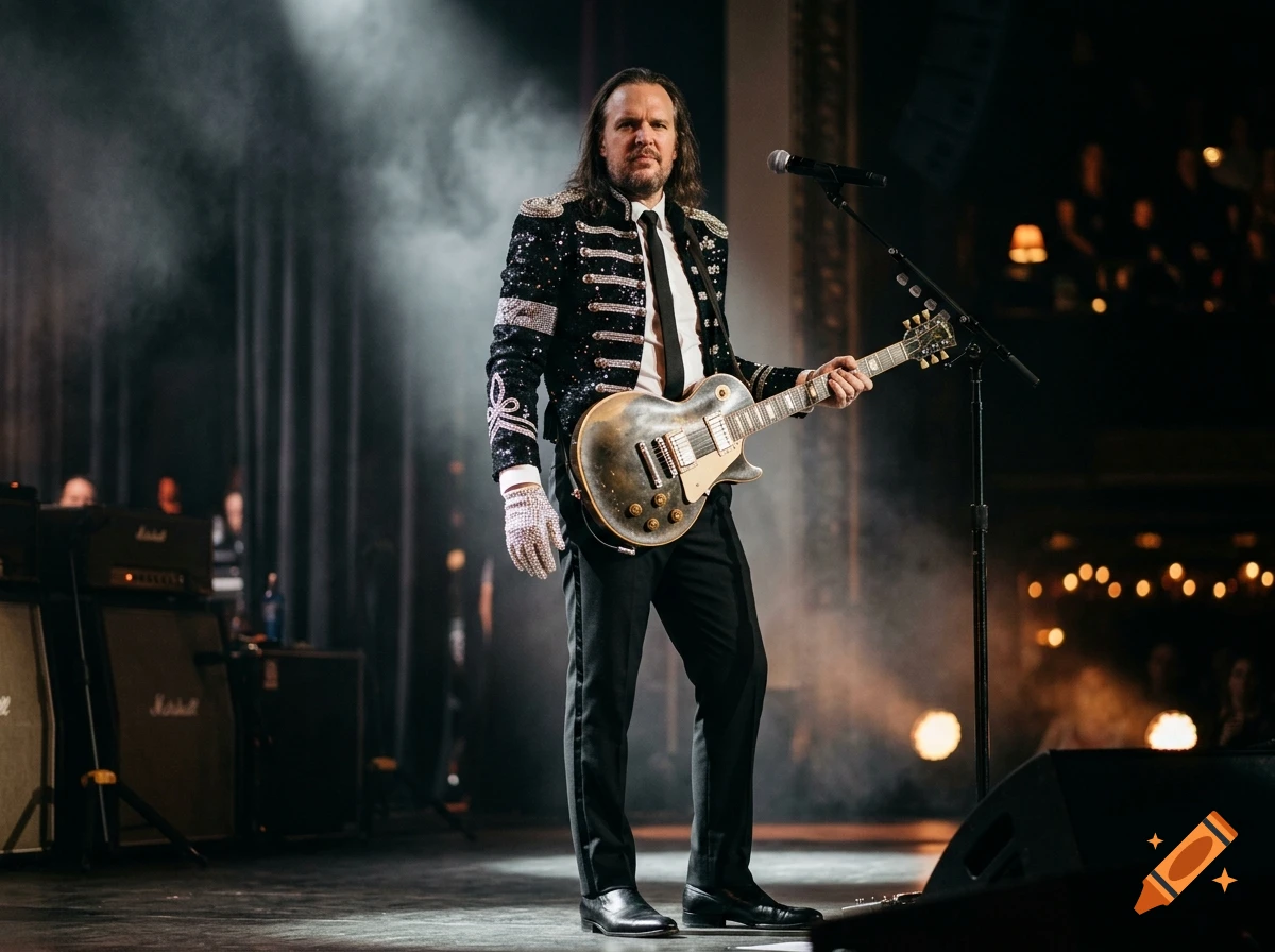Photorealistic image of a guitarist with long hair wearing a sparkly military-style jacket and holding an electric guitar on a stage.