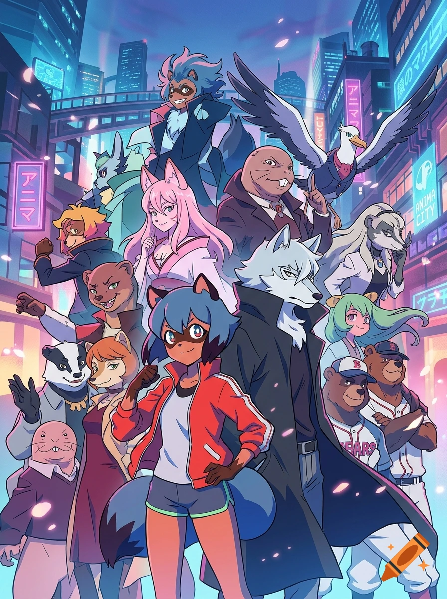 An anime illustration featuring various animal-human hybrid characters from BNA in a futuristic city setting.