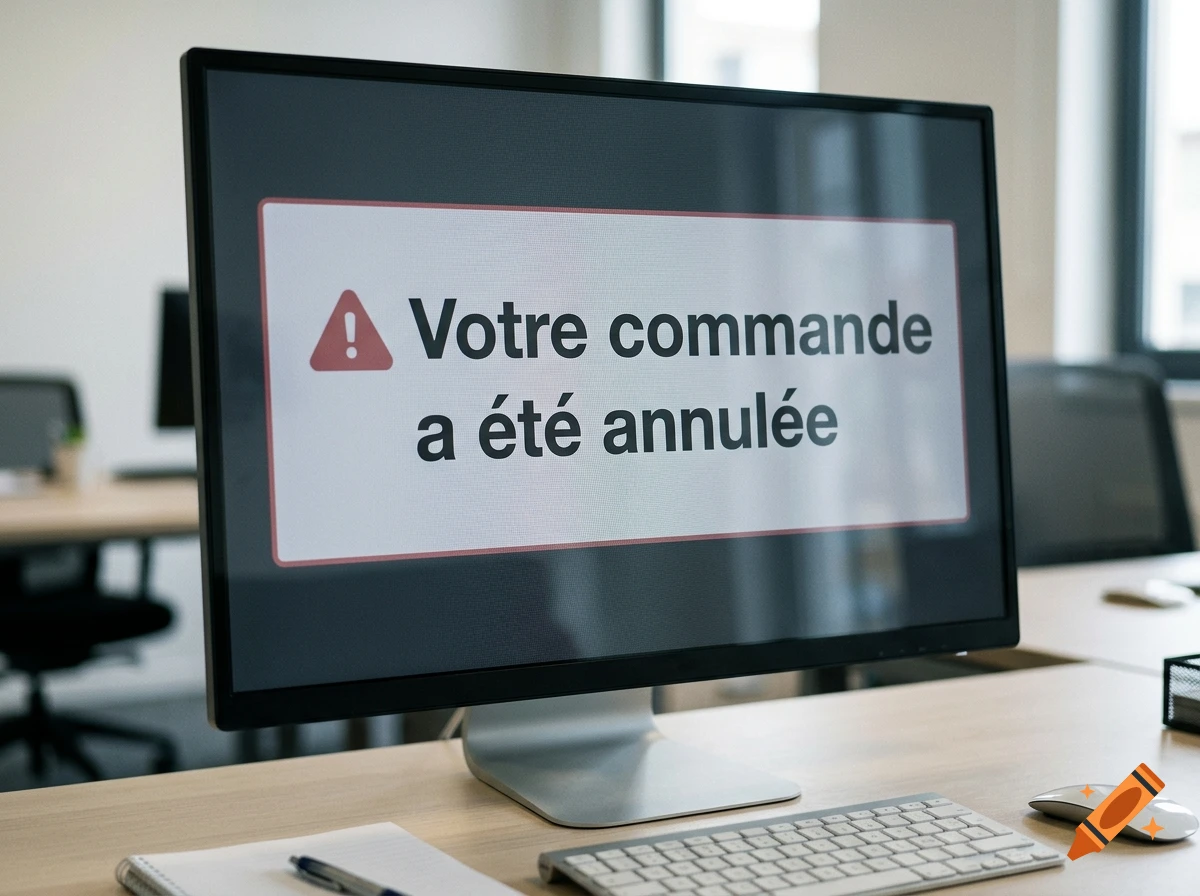 A computer monitor on a desk showing an error message in French that reads Votre commande a ete annulee.