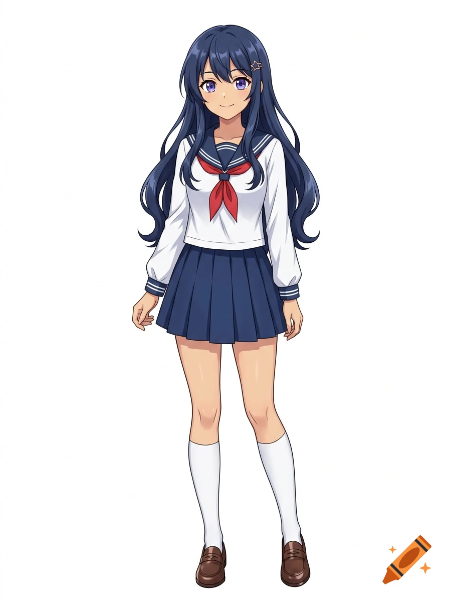 Full-body illustration of an anime girl with dark blue hair and purple eyes wearing a Japanese school uniform against a white background.
