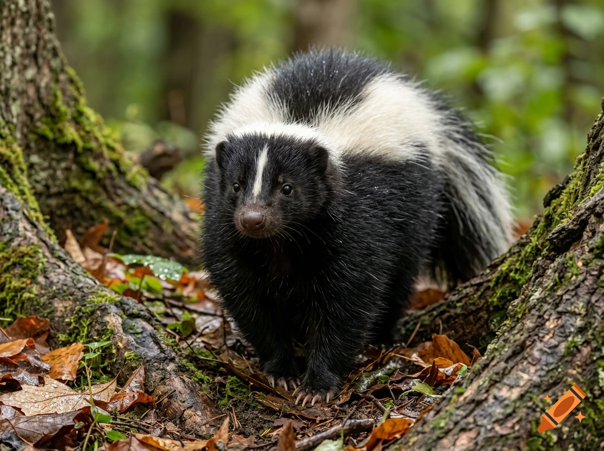 Photorealistic image of a skunk standing among fallen leaves and tree roots in a forest.
