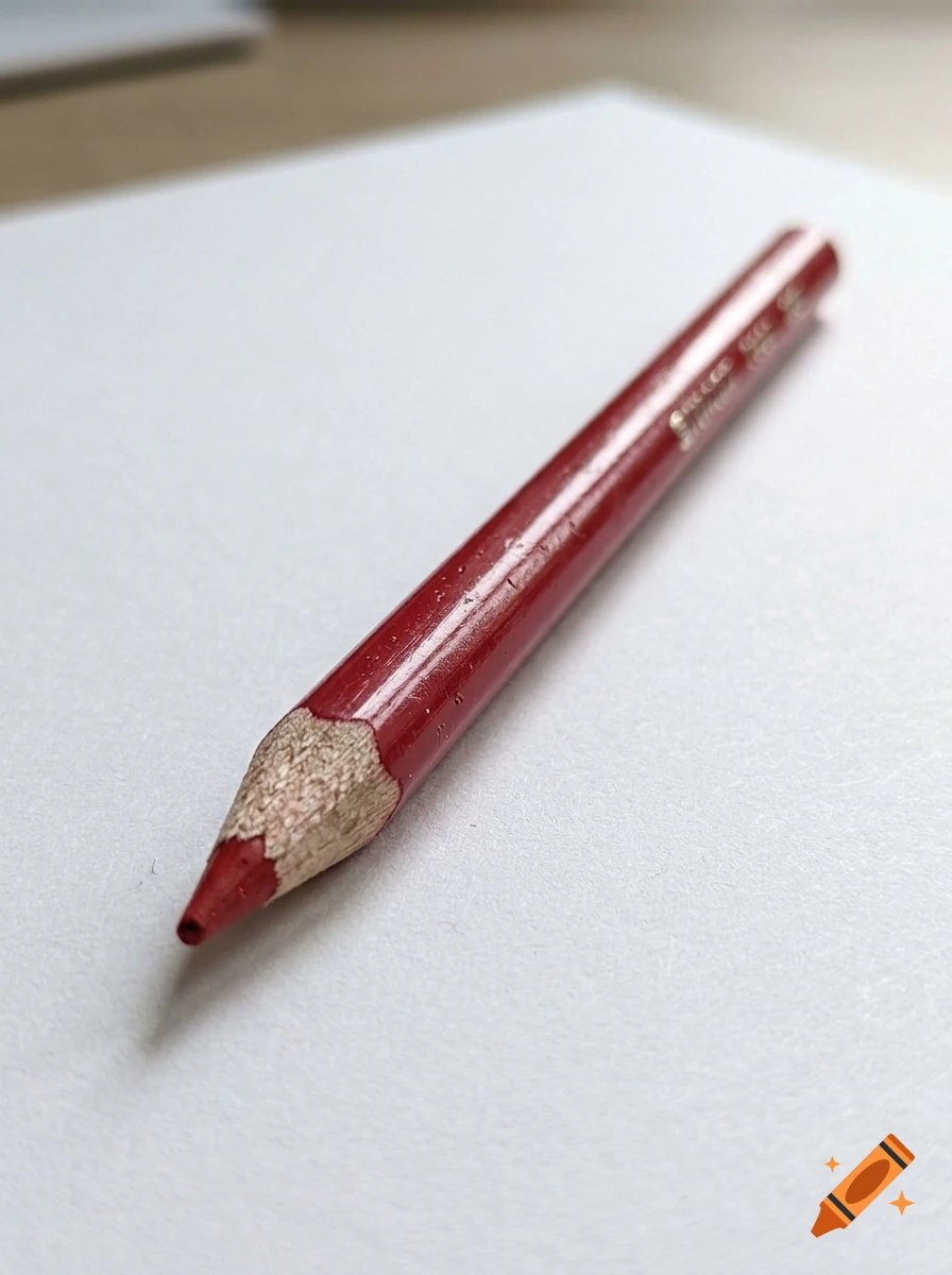 A close-up photograph of a red colored pencil resting on a piece of white paper.