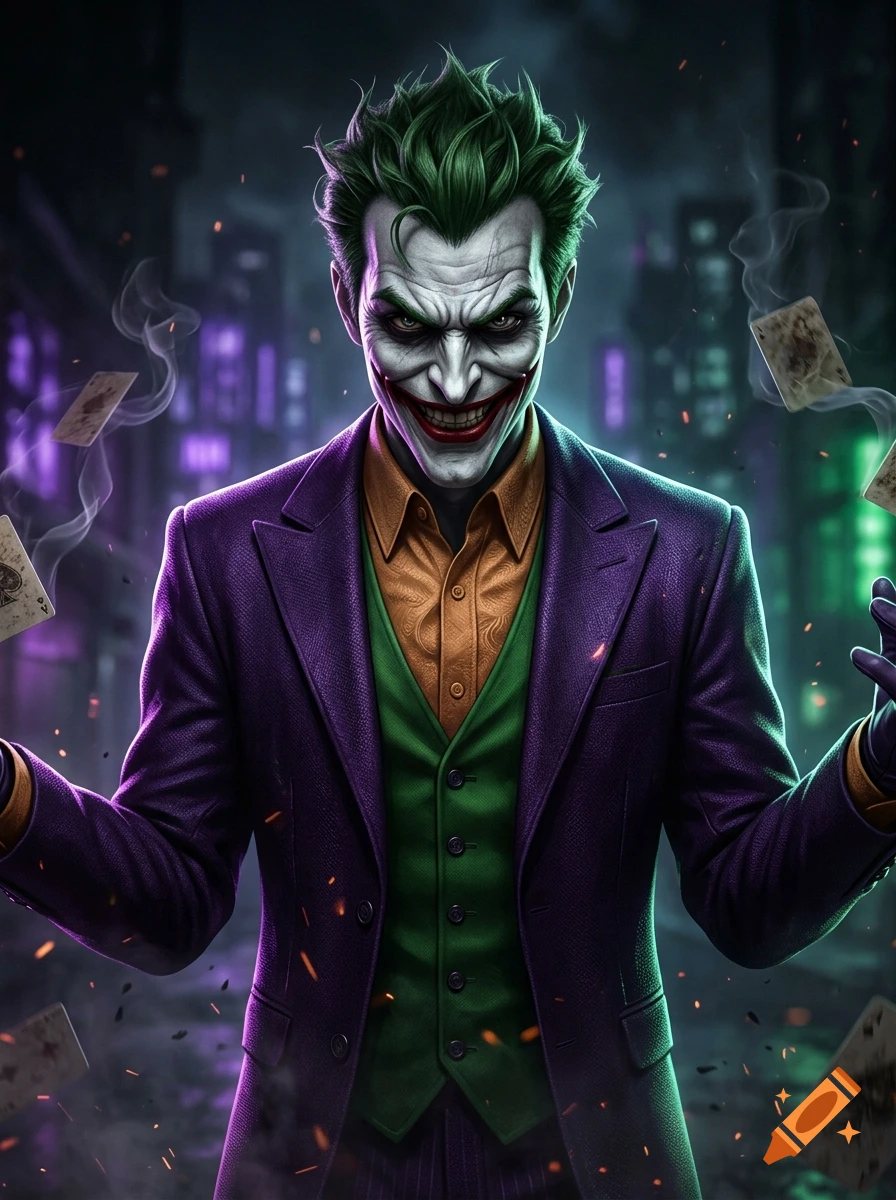 Close-up digital portrait of the Joker in a purple suit, green vest, and orange shirt, smiling maliciously with floating playing cards in a dark city setting.