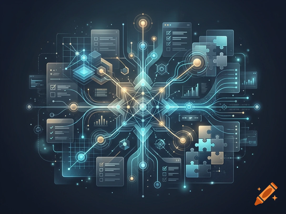 Abstract digital illustration of a requirements analysis with glowing interconnected nodes, checklists, and puzzle pieces on a dark background.