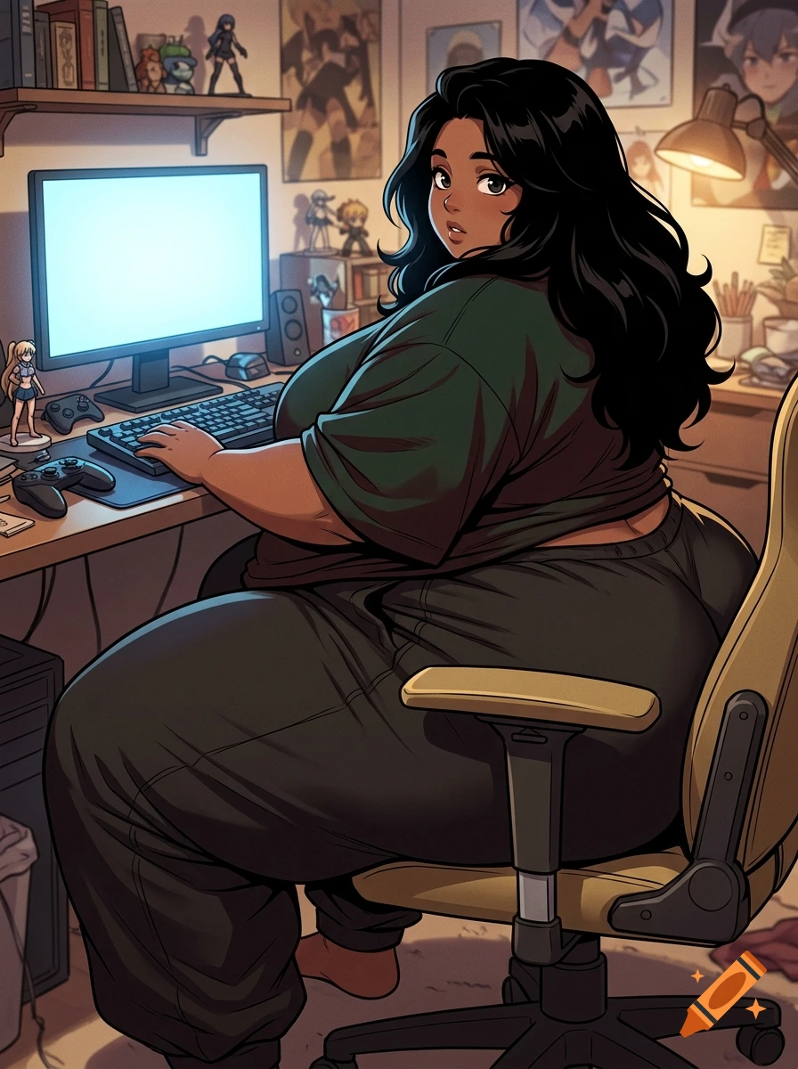 Anime style illustration of a plus-size woman with dark hair sitting in a gaming chair at a desk with a computer.