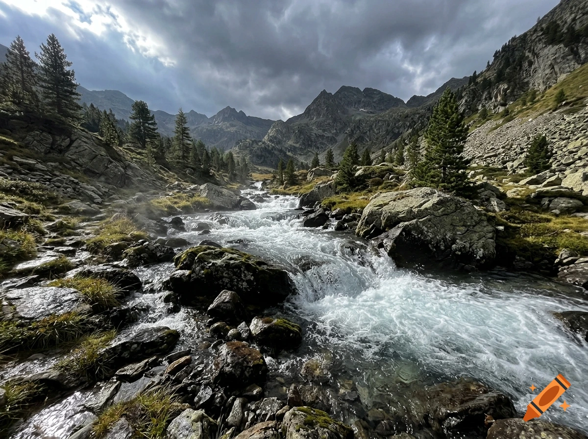 Photorealistic image of a wild mountain stream rushing over rocks under a dramatic cloudy sky.