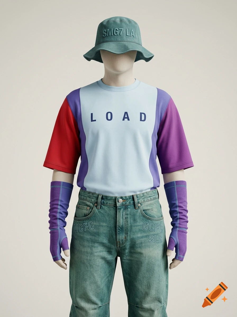 Mannequin wearing a color-blocked t-shirt with 'LOAD', a green bucket hat with 'SMG7 LA', jeans, and purple fingerless gloves.