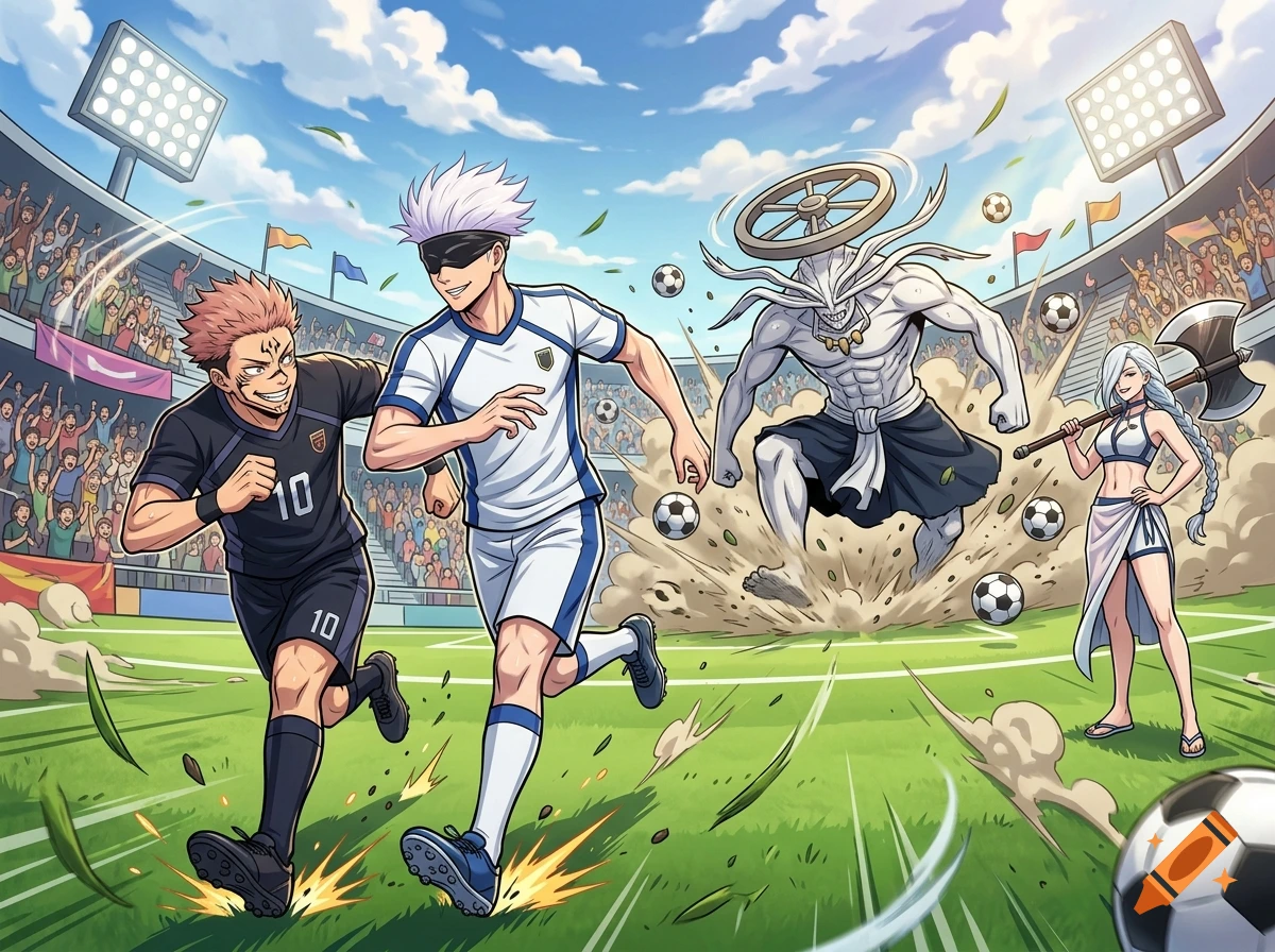 Characters from Jujutsu Kaisen playing soccer in a stadium, rendered in anime style.